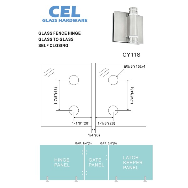CY11S, Swimming Pool Glass to glass Heavy Duty Door Hinge for 3/8" - 5/8" Glass,  flat pin